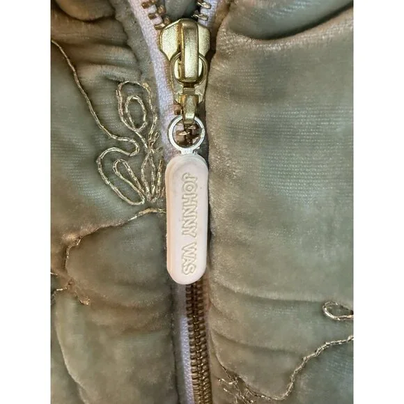 EUC Johnny Was Zaelia Lux Quilted Velvet Puffer Mint Green Coat Gold Trim XS/S - Picture 9 of 16